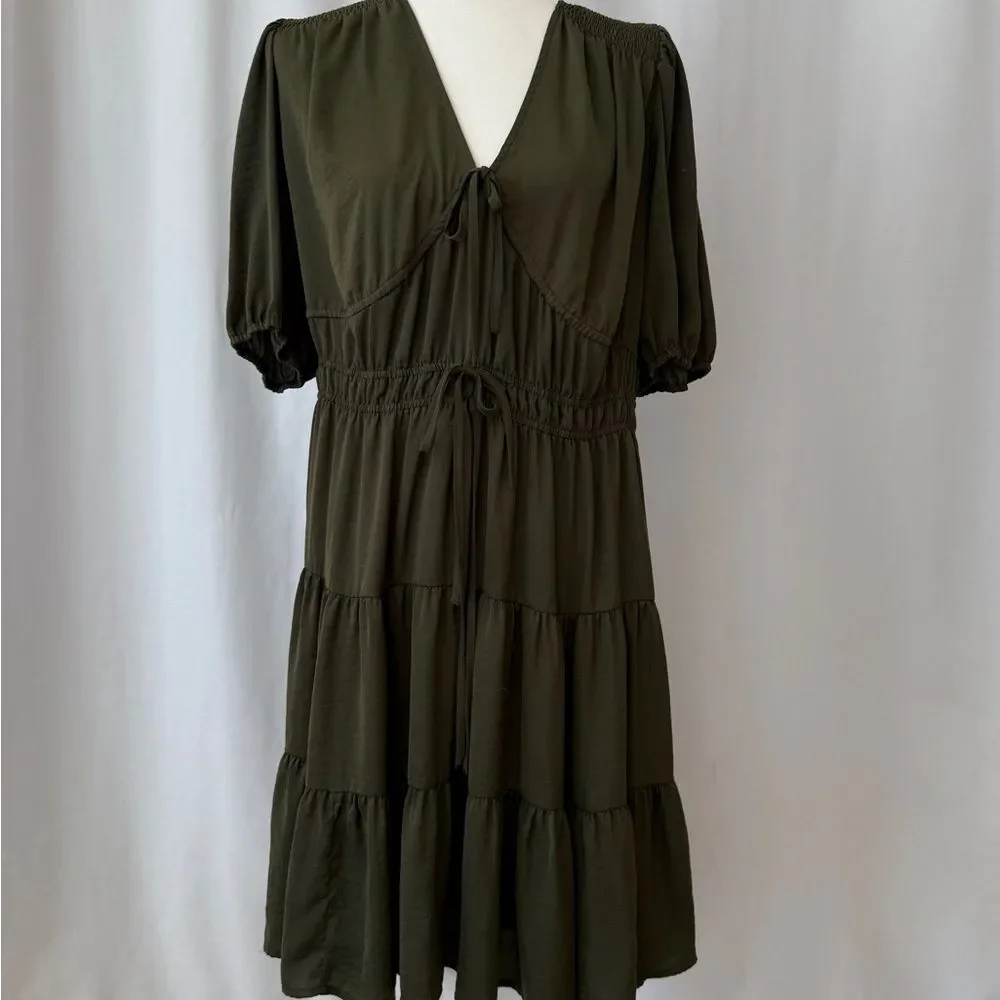 Gap Tie-Front Tiered Mini Dress Army Green XL Tall - Picture 3 of 8